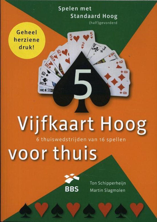 Boek kaarten spel "Vijfkaart hoog voor thuis". Kaarten met 5 klaveren erop. Geheel herziene druk.