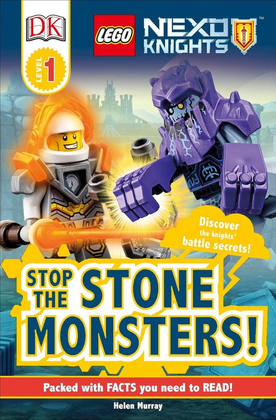 LEGO Nexo Knights Level 1 boek "Stop the Stone Monsters!". Een ridder met oranje helm, schild en wapen, en een paars stenen monster vechten. Ontdek de geheimen van de strijd!