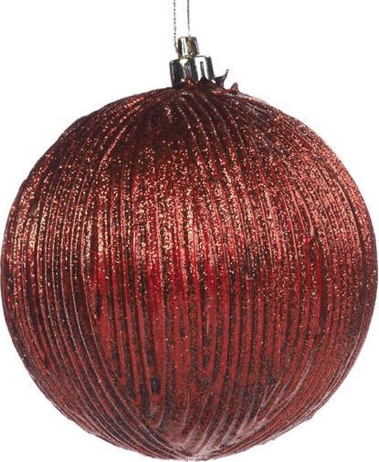 Goodwill Kerstballen RODE GLITTER KERSTBAL MET STREPEN 10CM