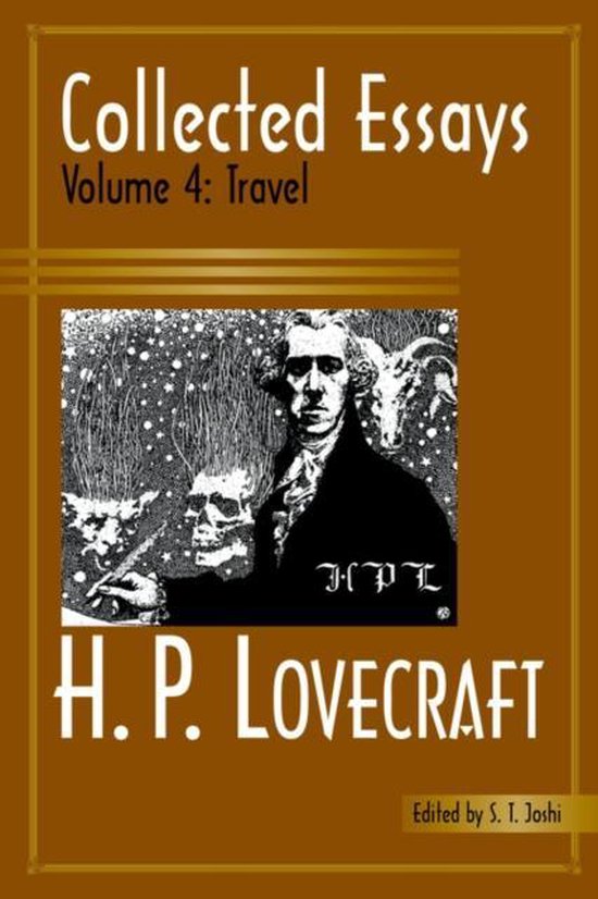 Boekcover 'Collected Essays Volume 4: Travel' van H.P. Lovecraft met een illustratie van H.P. Lovecraft, een schedel en een geit.