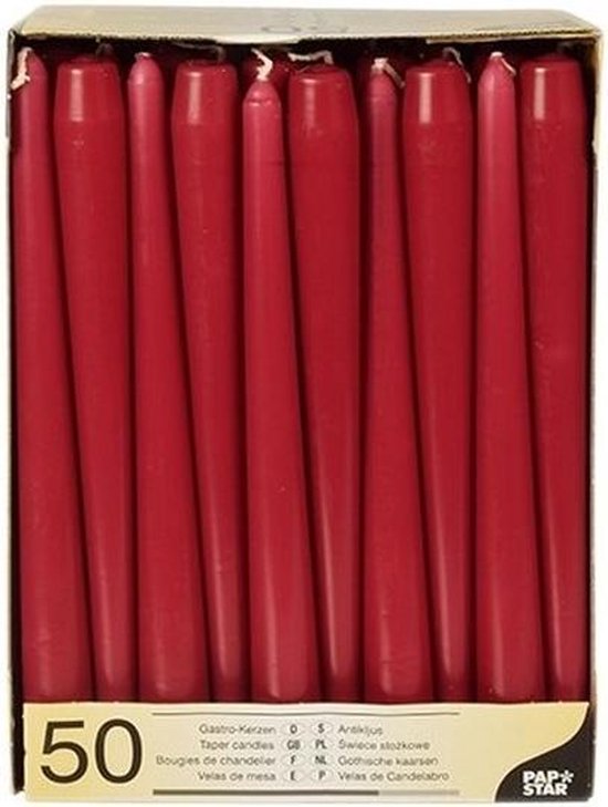 Voordeelverpakking bordeaux rode dinerkaarsen/kandelaarkaarsen - Gotische kaarsen bordeaux rood 50 stuks 25 cm - Tafel decoratie kaarsen