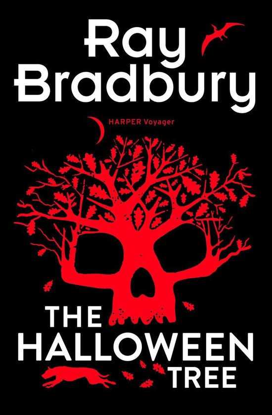 Boekomslag van The Halloween Tree van Ray Bradbury met een rode schedelvormige boom op zwarte achtergrond.