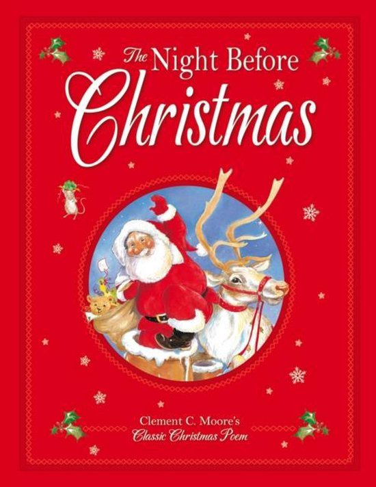 De kerstman met rendier en zak vol cadeaus op de voorkant van het boek 'The Night Before Christmas'.