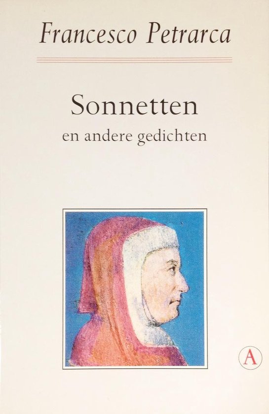 Boek 'Sonnetten en andere gedichten' van Francesco Petrarca met een portret van een man in profiel in rode en witte kledij.