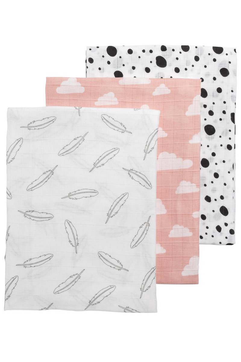 Meyco 3-pack hydrofiele swaddles - Feathers-Clouds-Dots - roze/wit/grijs/zwart - 120 x 120 cm - Meyco