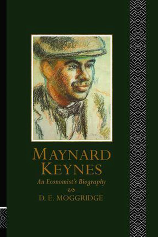 Boekhoes van 'Maynard Keynes: An Economist's Biography' met een pasteltekening van Keynes en de titel in goudkleurige letters.