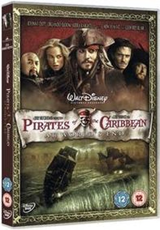 DVD-hoes van Pirates of the Caribbean: At World's End met Jack Sparrow en de bemanning. Twee schepen varen op een woelige zee.