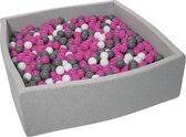 Ballenbak vierkant - grijs - 120x120x40 cm - met 1200 wit, fuchsia en grijze ballen