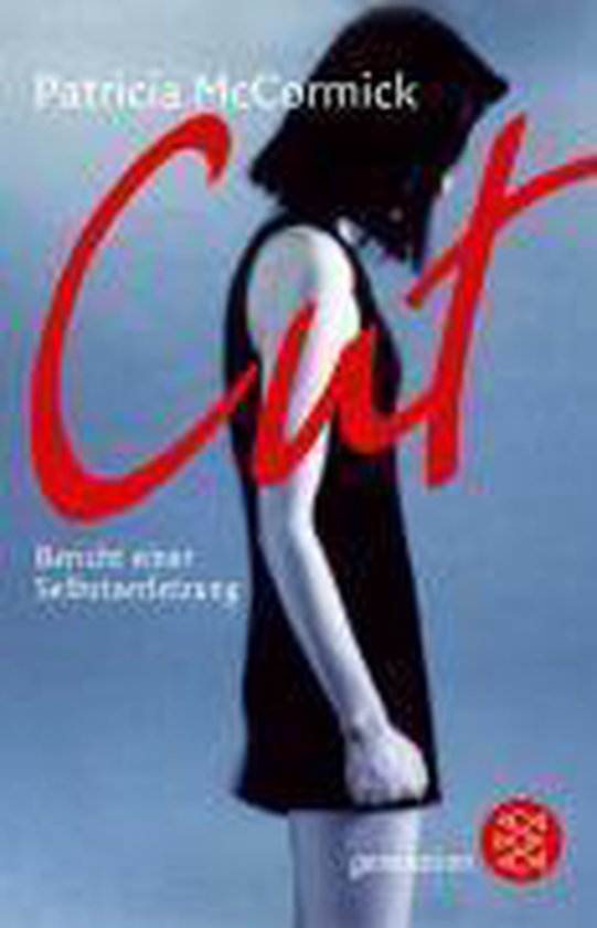 Boek 'Cut' van Patricia McCormick. Een meisje in zwart jurkje met rode letters 'Cut'.