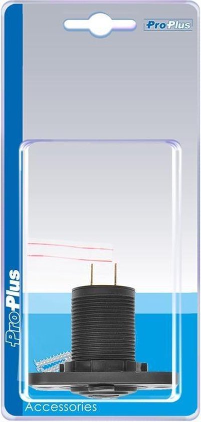 Zwarte USB-poort met twee pinnen in verpakking met Pro-Plus logo.