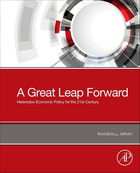Boekomslag met de titel "A Great Leap Forward", met abstracte rode en grijze cirkelvormige grafieken op de bovenkant en een rode band met tekst onderaan.
