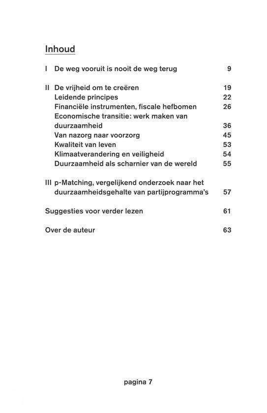 Pagina 7 met de titel "Inhoud". Geeft een overzicht van de hoofdstukken van het boek "De weg vooruit is nooit de weg terug".