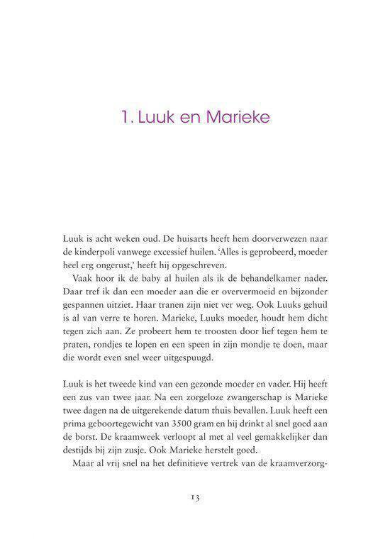 Boekpagina met titel '1. Luuk en Marieke' en tekst over baby's.