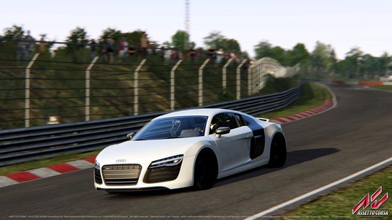 Witte Audi R8, aan de voorkant gezien, racet op een circuit.