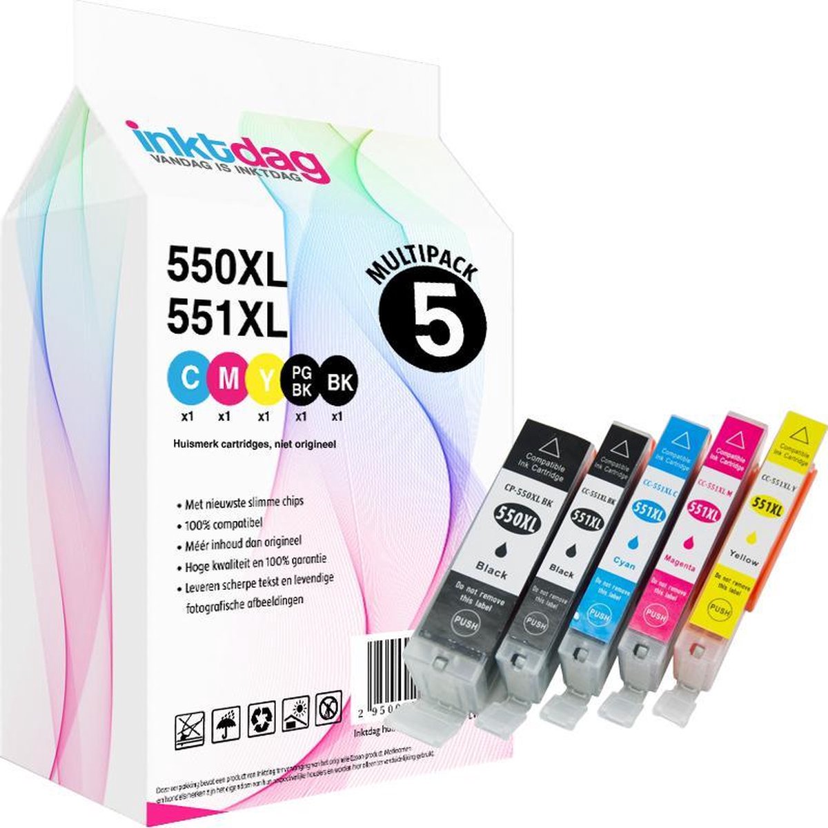 Inktdag inktcartridges voor Canon PGI-550XL / CLI-551XL Canon 550xl / 551xl inktcartridges multipack van 5 stuks voor Pixma IP7250 IP8750 IX6850 MG5450 MG5550 MG5600 MG5650 MG5655 MG6350 MG6450 MG6600 MG6650 MG7150 MG7550 MX720 MX925