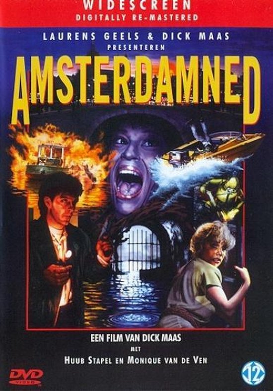 Poster van de film Amsterdamned met een vrouw die schreeuwt, mannen bij een boot en een brug met vuur.