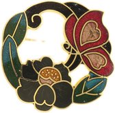 Behave® Dames Broche rond met bloem en vlinder zwart groen - emaille sierspeld -  sjaalspeld  4 cm