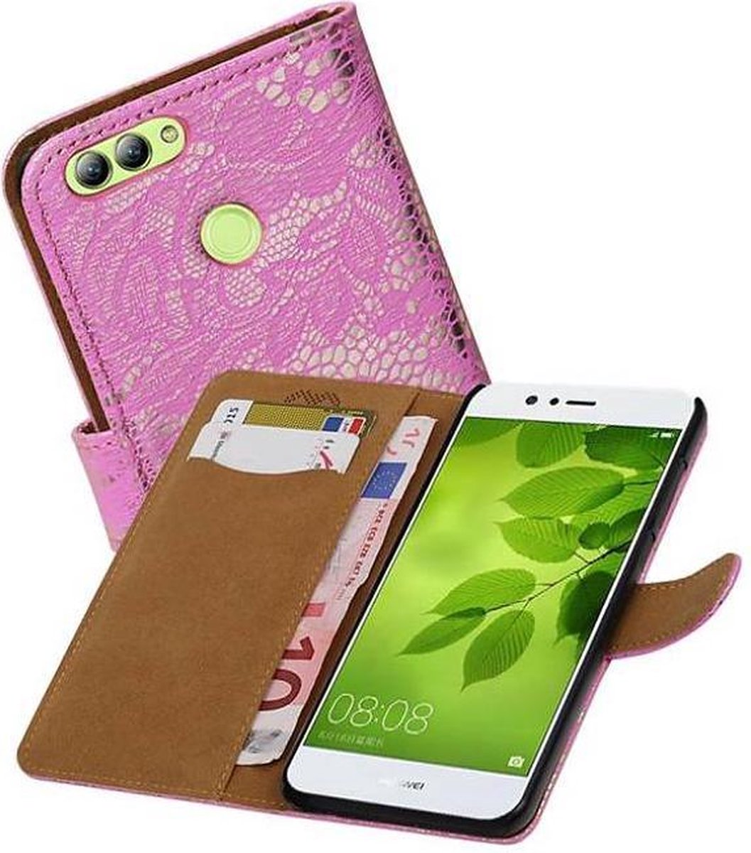 Lace Bookstyle Wallet Case Hoesjes Geschikt voor Huawei Nova 2 Roze