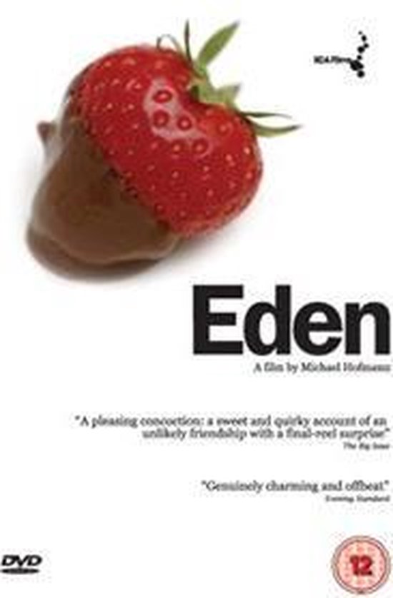 Een aardbei gedoopt in chocolade, met de titel 'Eden'.