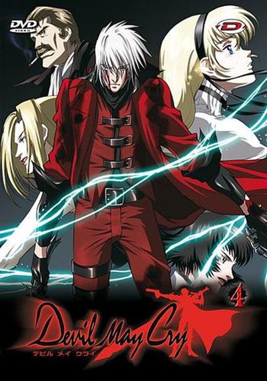 Dante in rode jas met riemen en riemen, omringd door anime-personages. Titel: Devil May Cry 4.