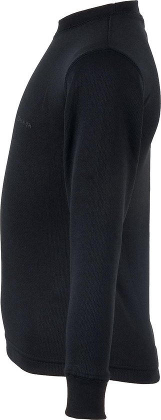 Zijaanzicht van een zwart thermoshirt met lange mouwen en ronde hals.