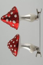 Decoris ornament glas 3 paddenstoelen met stippen op clip rood 2ass dia6.50-H9.00cm