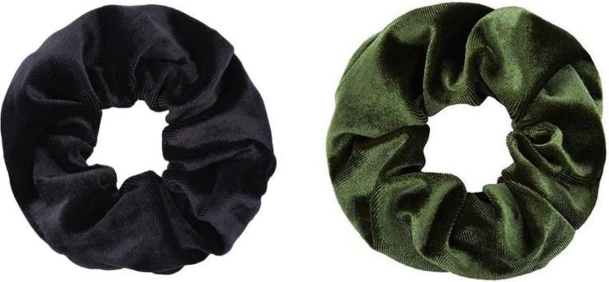 Jumalu scrunchie velvet haarwokkel haarelastiekjes - zwart en legergroen - 2 stuks