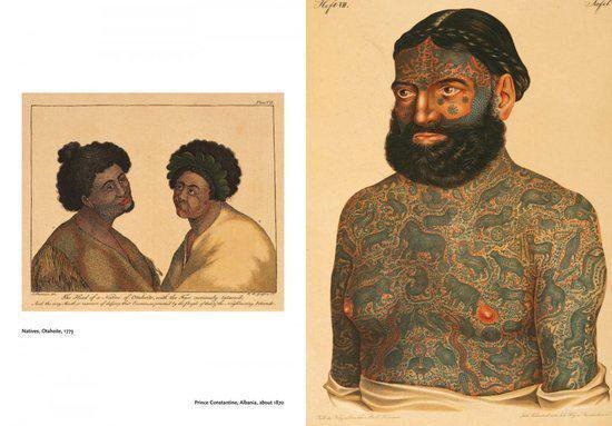 Mannelijk gezicht en bovenlichaam bedekt met traditionele Polynesische tatoeages. Links: twee personen van een inheemse stam.