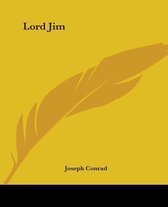 Boekomslag van Lord Jim door Joseph Conrad met een gele achtergrond en een gestileerde bruine veer.