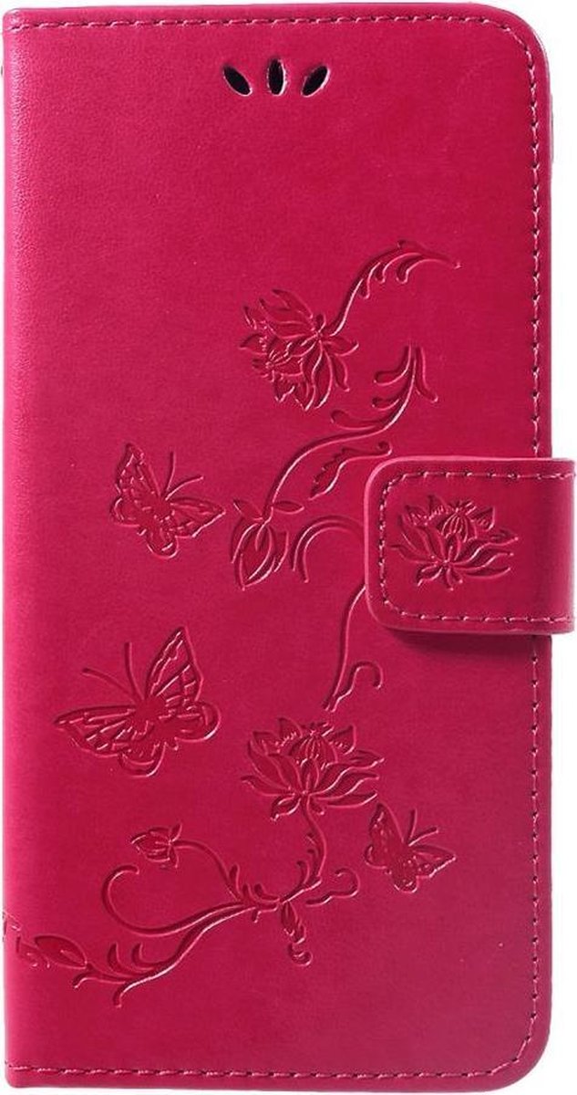 Shop4 - Huawei P Smart Plus Hoesje - Wallet Case Bloemen Vlinder Donker Roze