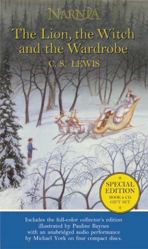 De cover van Narnia: Het betoverde land achter de kleerkast, met een jongen in de sneeuw en een slee getrokken door rendieren.