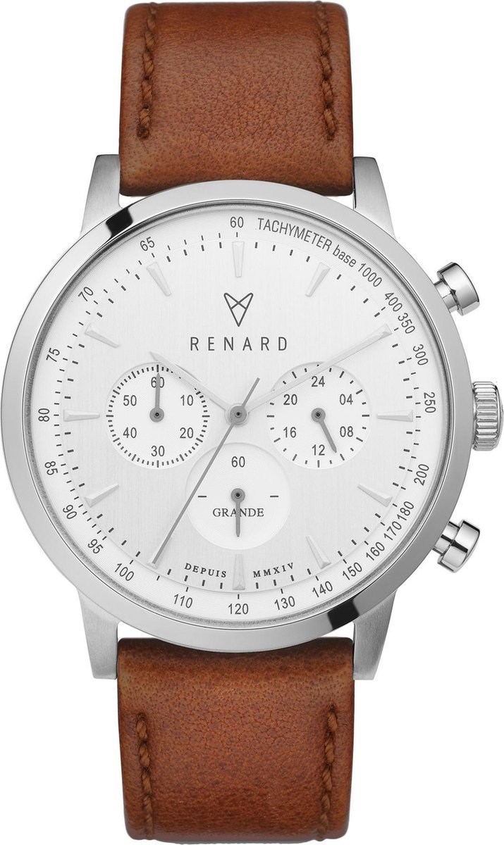 Renard Grande Chrono White Silver RC402SS10VTA - Horloge - Leer - Bruin - 40mm