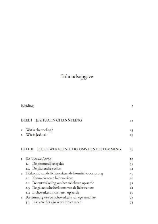 Inhoudsopgave van een boek met secties genaamd 'Jesjua en channeling' en 'Lichtwerkers'.