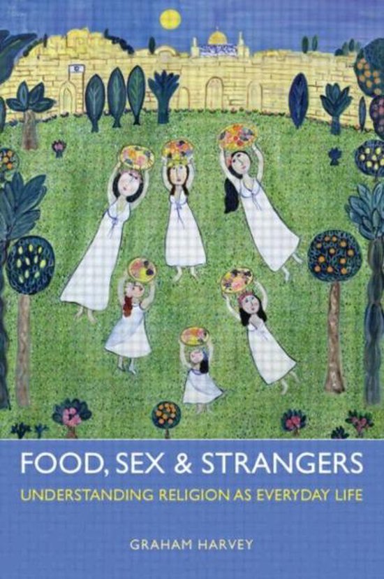 Boekillustratie met zes vrouwen in witte jurken die manden met eten dragen tegen een achtergrond van Jeruzalem.