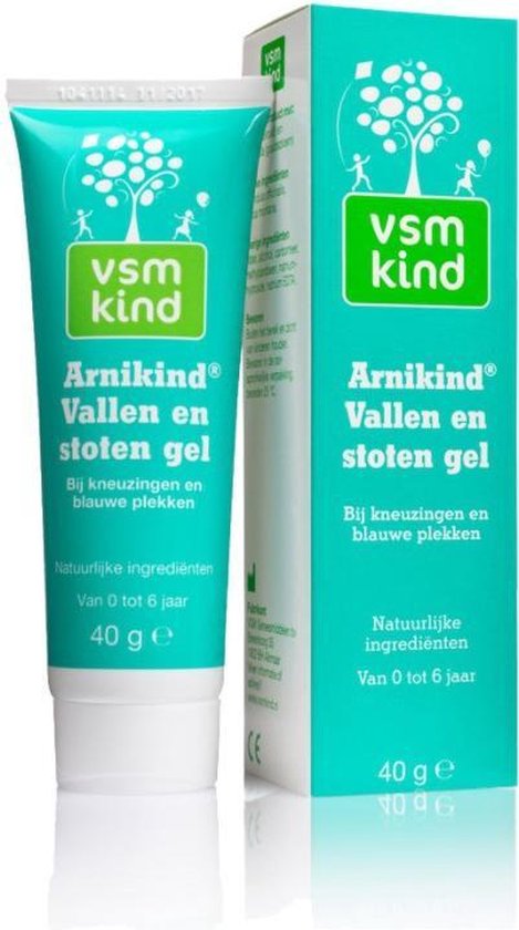 Tube en doosje VSM Kind Arnikind Vallen en stoten gel bij kneuzingen en blauwe plekken, met natuurlijke ingrediënten, van 0 tot 6 jaar, 40g.