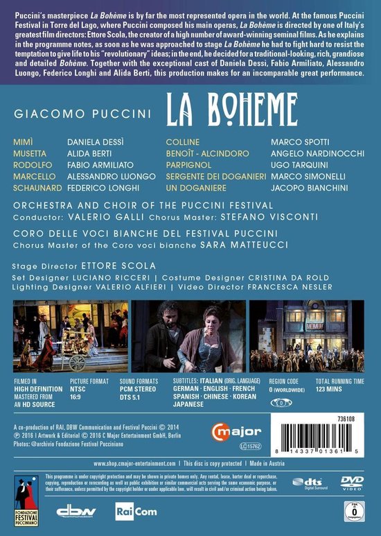 DVD hoes La Bohème met cast en crew op de voorkant, plus afbeeldingen van de opera en productdetails.