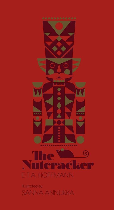 Geometrische notenkraker in rood en groen op een rode achtergrond, titel De Notenkraker en auteursnaam op de cover.