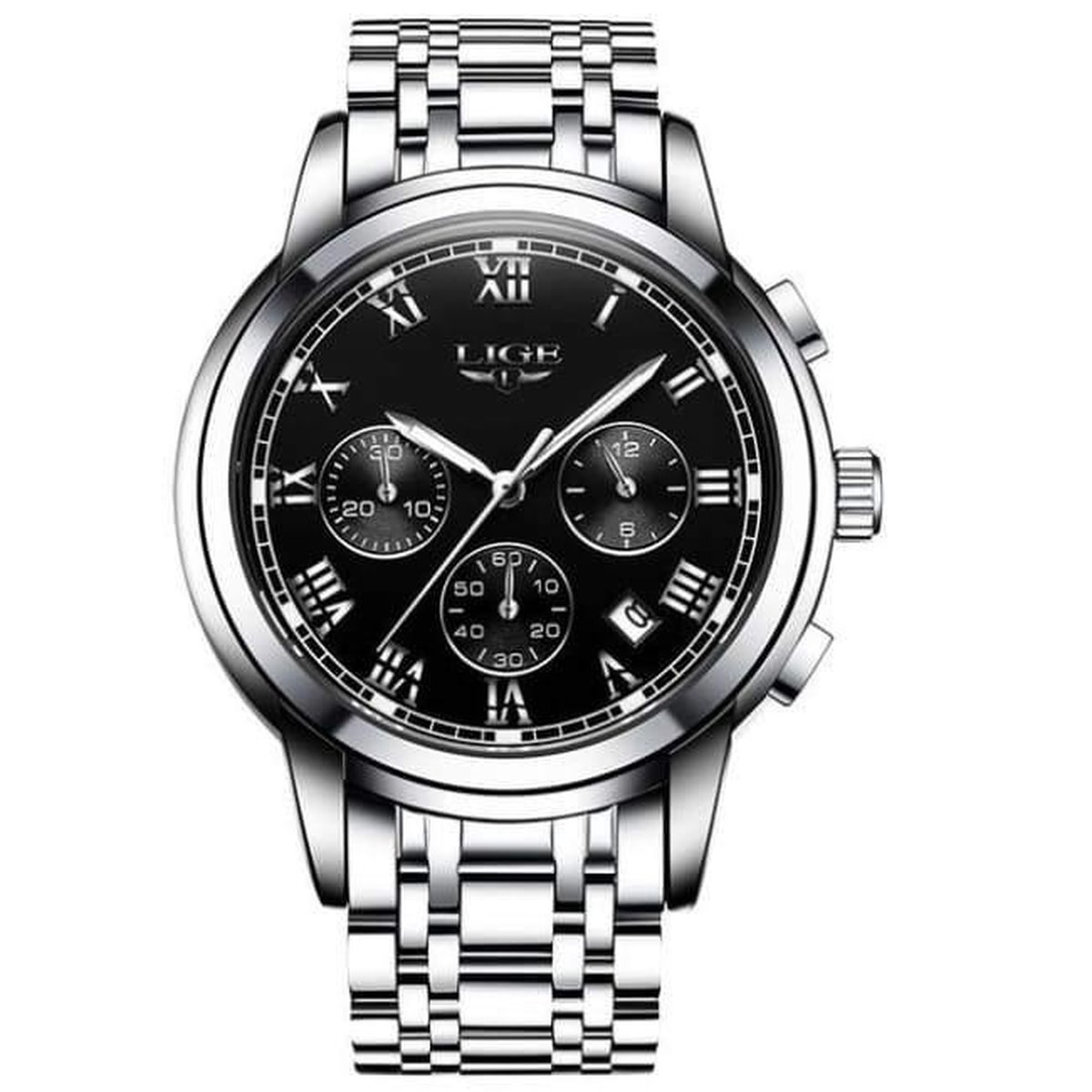 LIGE Casual DTS 1004 - Horloge - RVS - Ø 42 mm Zilver Zwart
