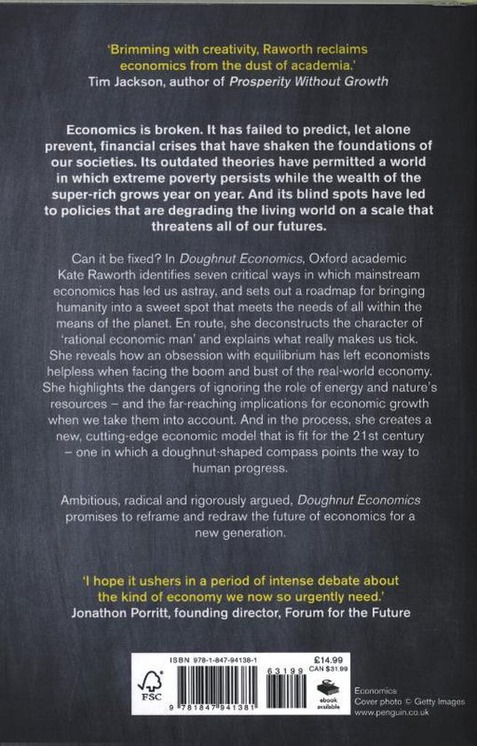 Achterkant van het boek 'Doughnut Economics' met recensies en uitgeversinformatie.
