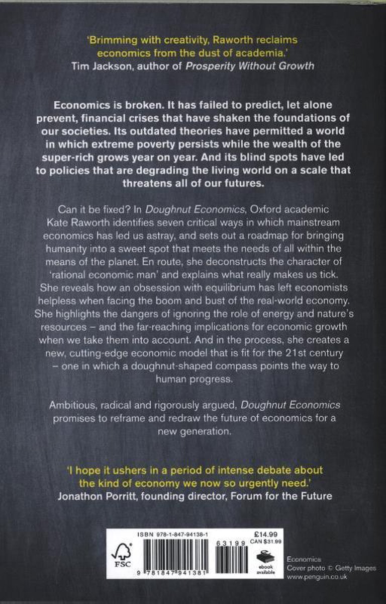 Achterkant van het boek 'Doughnut Economics' met recensies en uitgeversinformatie.