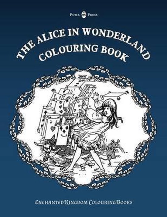 Kleurenboek 'The Alice in Wonderland Colouring Book' met een tekening van Alice die wegrent voor kaarten, met een muis en een konijn.