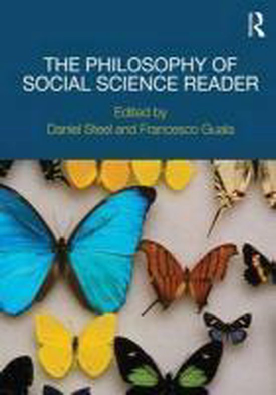 Boekcover met blauwe, gele en oranje vlinders rond de titel 'The Philosophy Of Social Science Reader'.