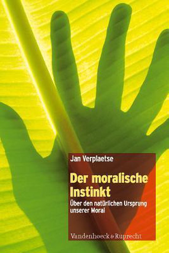 Boek met de titel 'Der moralische Instinkt'. Een groene handprint op een gele achtergrond met een deel van een groene stengel.