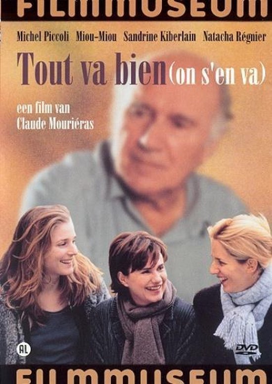 Poster voor de film 'Tout va bien (on s'en va)' met drie vrouwen op de voorgrond en een wazige man op de achtergrond.