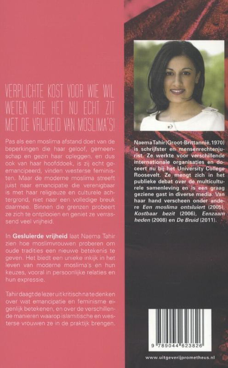 Foto van Naema Tahir, auteur van "Gesluierde vrijheid", met een tekstuele samenvatting van het boek.