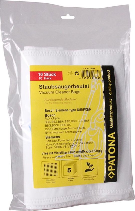 PATONA Staubsaugerbeutel 10 Stück – 5-lagiges Vlies Inkl. Microfilter, Für Verschiedene Staubsauger