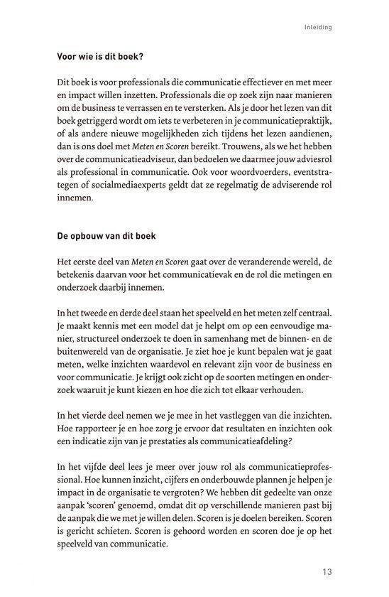 Pagina 13 van 'Meten en Scoren' met de tekst 'Voor wie is dit boek?' en 'De opbouw van dit boek'.