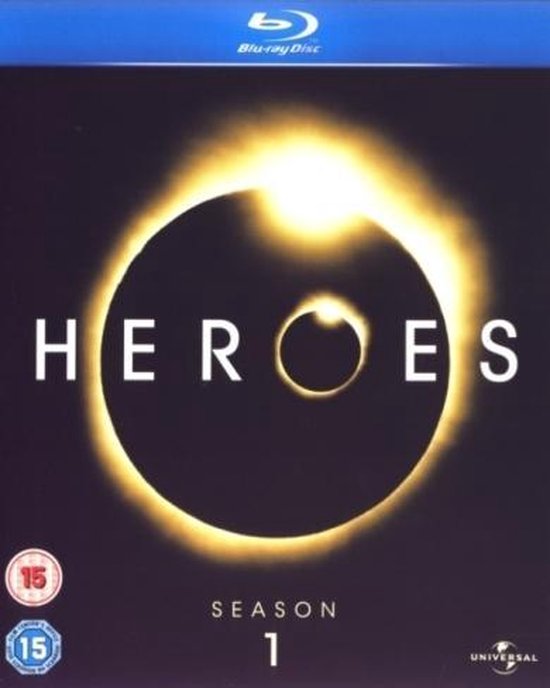 Heroes seizoen 1 Blu-ray disc met een afbeelding van een zonsverduistering met de tekst HEROS.