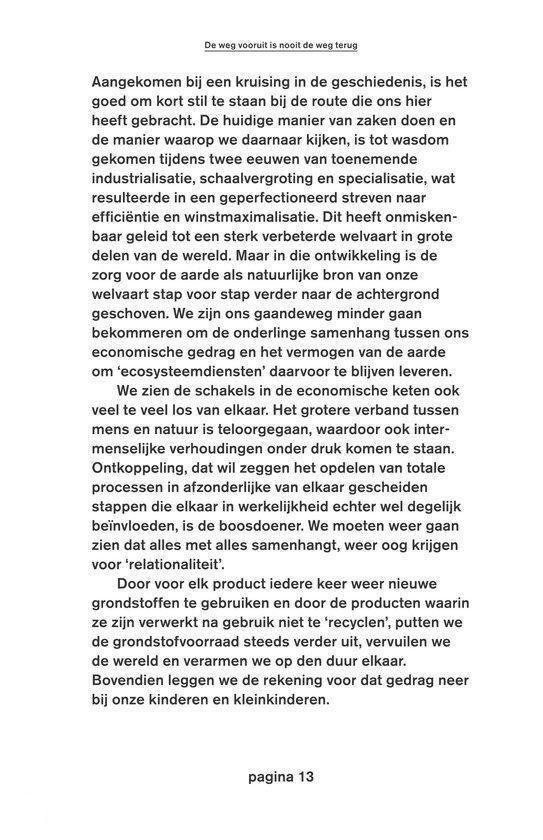 Pagina 13 met de titel "De weg vooruit is nooit de weg terug". Tekst gaat over de economie, duurzaamheid en toekomstige generaties.