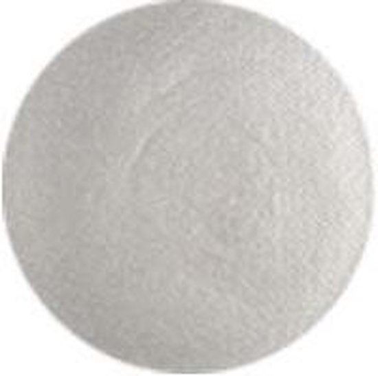 Cirkelvormig, licht zilverkleurig product met lichte textuur.
